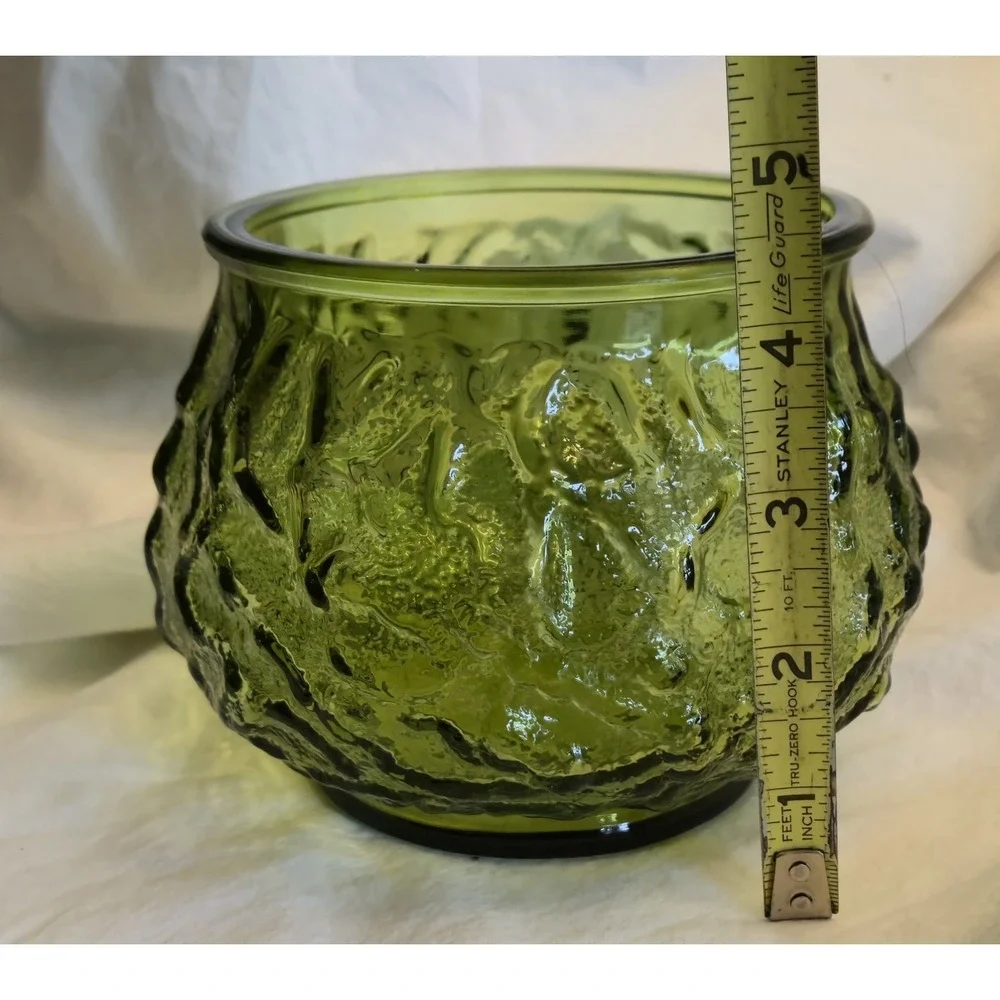 Vintage EO Brody Co Green Crinkle Glass Bowl Vase Mid Century Modern USA Made